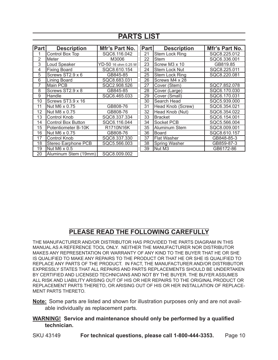 Parts list, Please read the following carefully | Harbor Freight Tools 43149 User Manual | Page 10 / 11