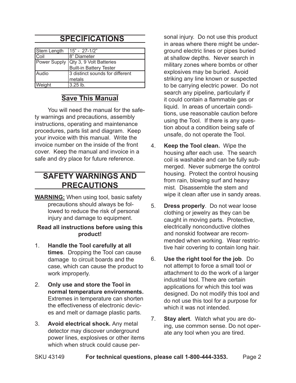 Specifications, Safety warnings and precautions | Harbor Freight Tools 43149 User Manual | Page 2 / 11