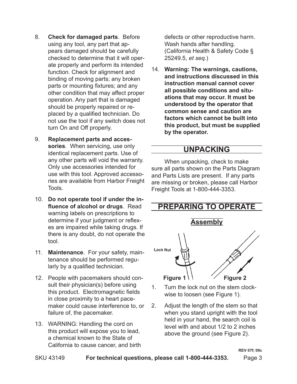 Unpacking, Preparing to operate | Harbor Freight Tools 43149 User Manual | Page 3 / 11