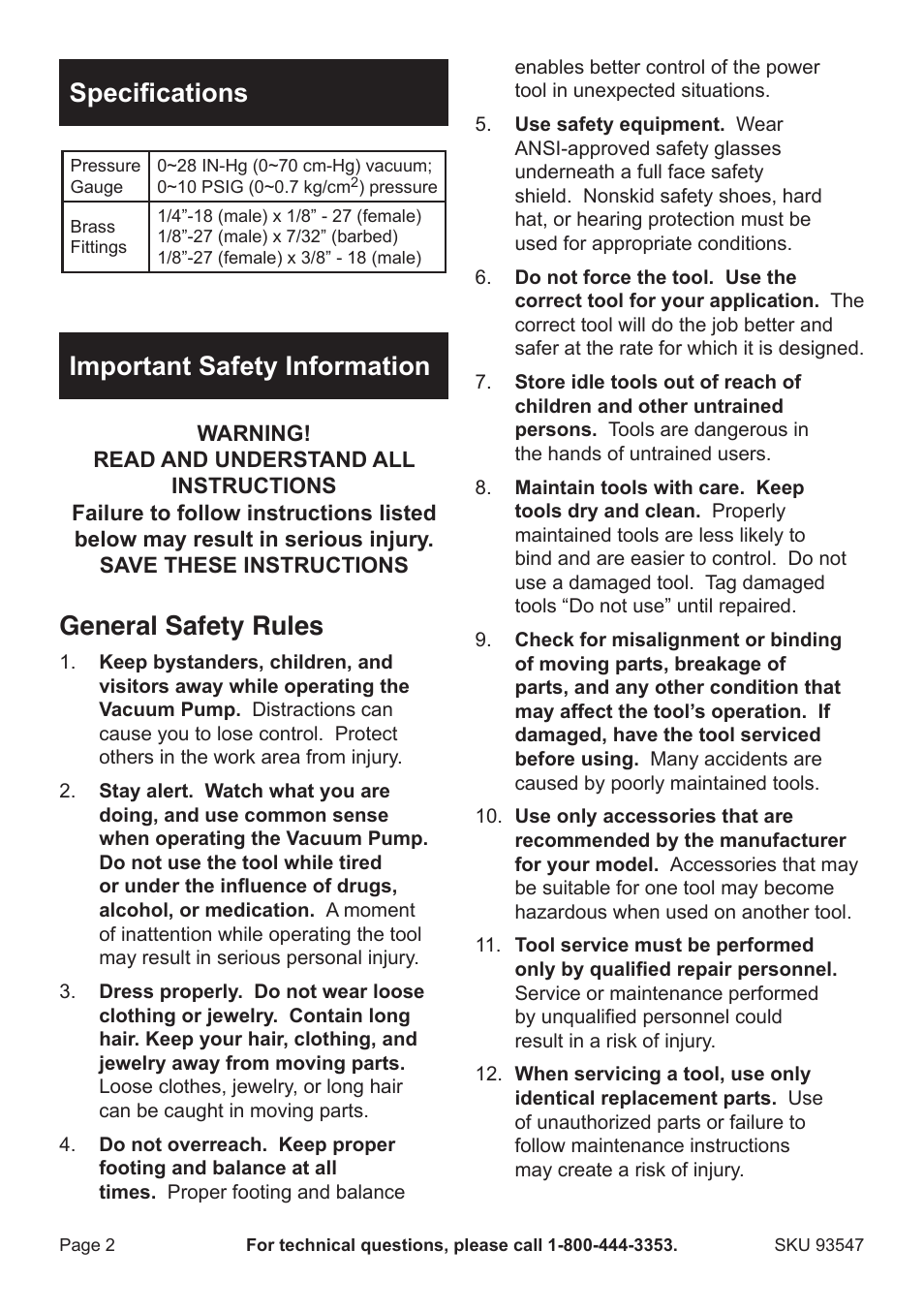 Specifications, Important safety information, General safety rules | Harbor Freight Tools 93547 User Manual | Page 2 / 8
