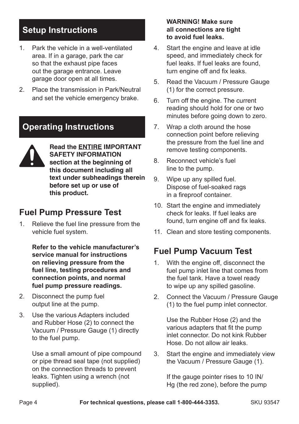 Setup instructions, Operating instructions, Fuel pump pressure test | Fuel pump vacuum test | Harbor Freight Tools 93547 User Manual | Page 4 / 8