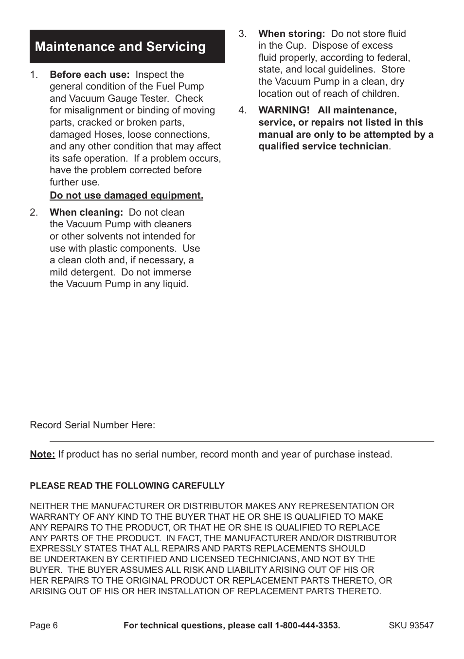 Maintenance and servicing | Harbor Freight Tools 93547 User Manual | Page 6 / 8