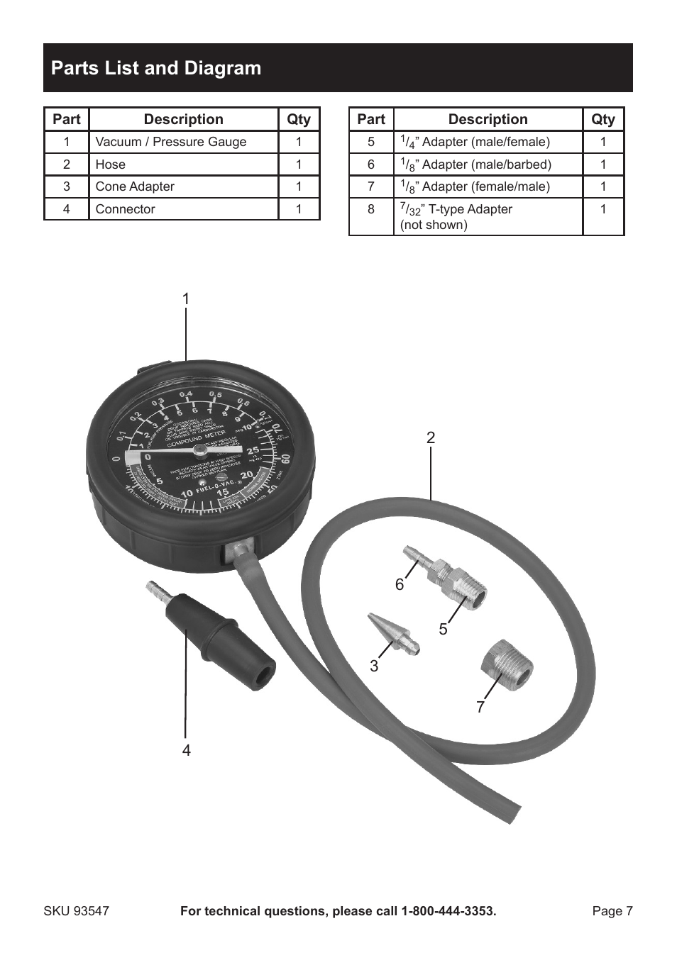 Parts list and diagram | Harbor Freight Tools 93547 User Manual | Page 7 / 8