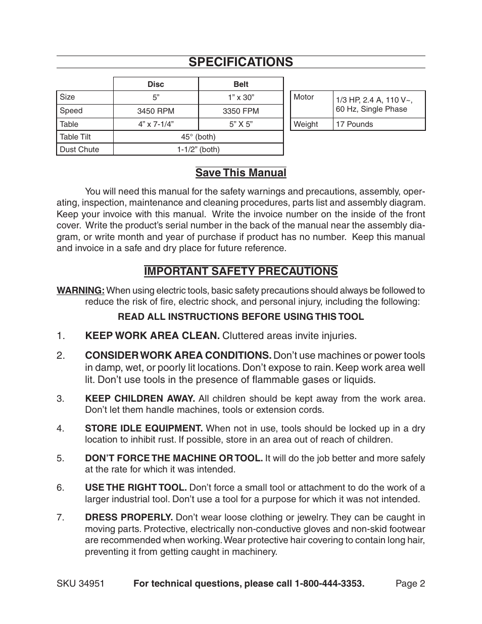 Specifications, Save this manual, Important safety precautions | Harbor Freight Tools 34951 User Manual | Page 2 / 10