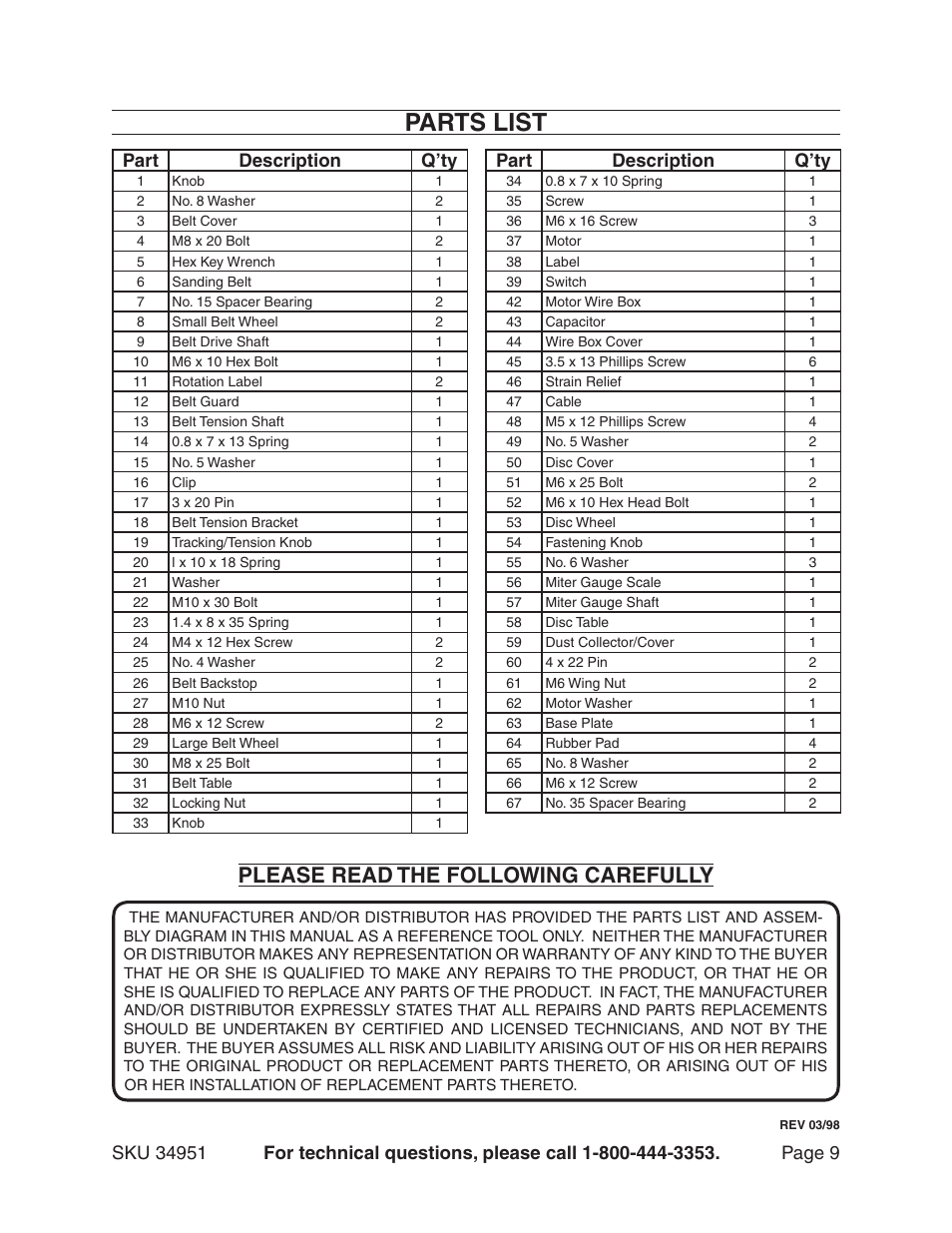 Parts list, Please read the following carefully, Part description q’ty | Harbor Freight Tools 34951 User Manual | Page 9 / 10