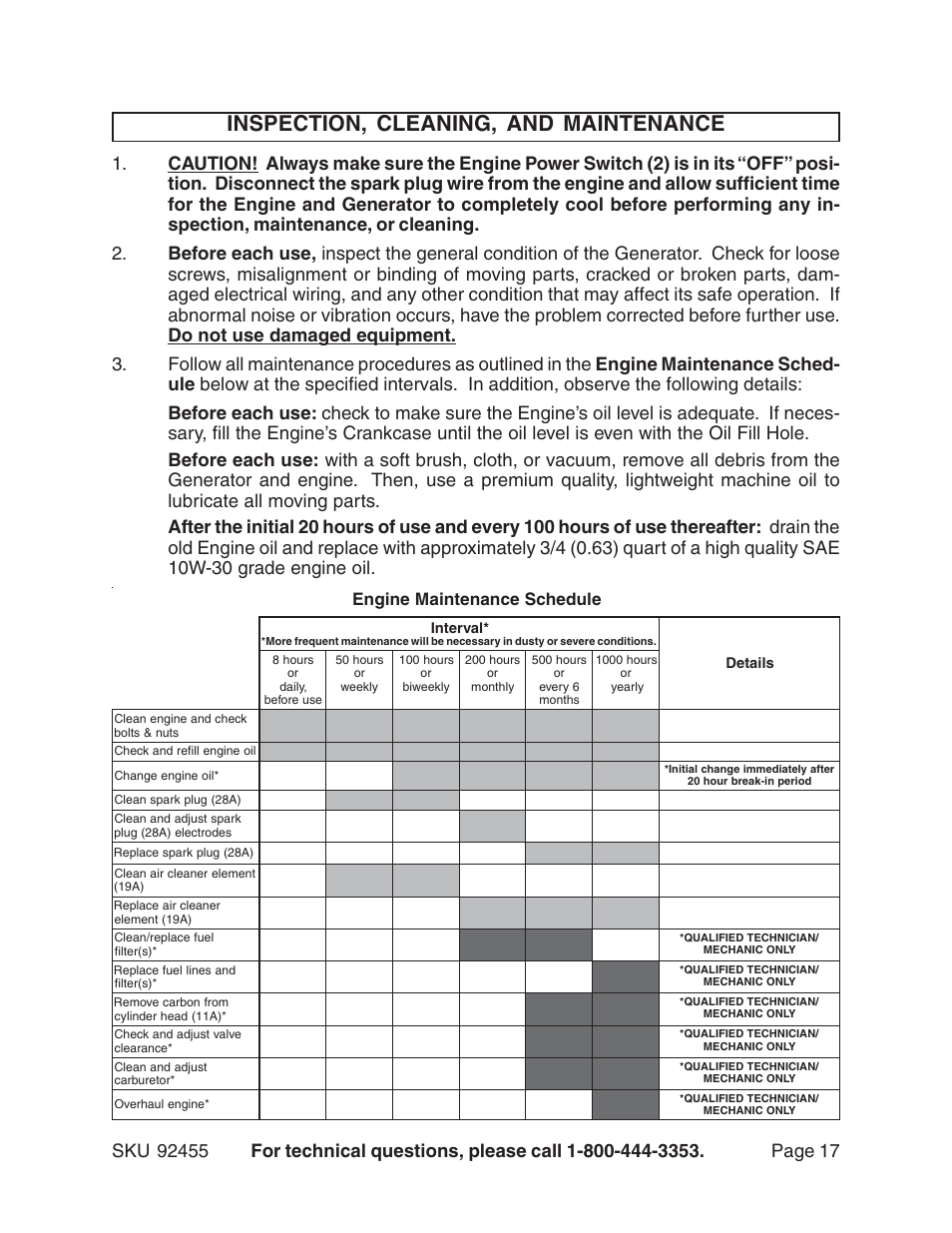 Inspection, cleaning, and maintenance | Harbor Freight Tools 92455 User Manual | Page 17 / 24