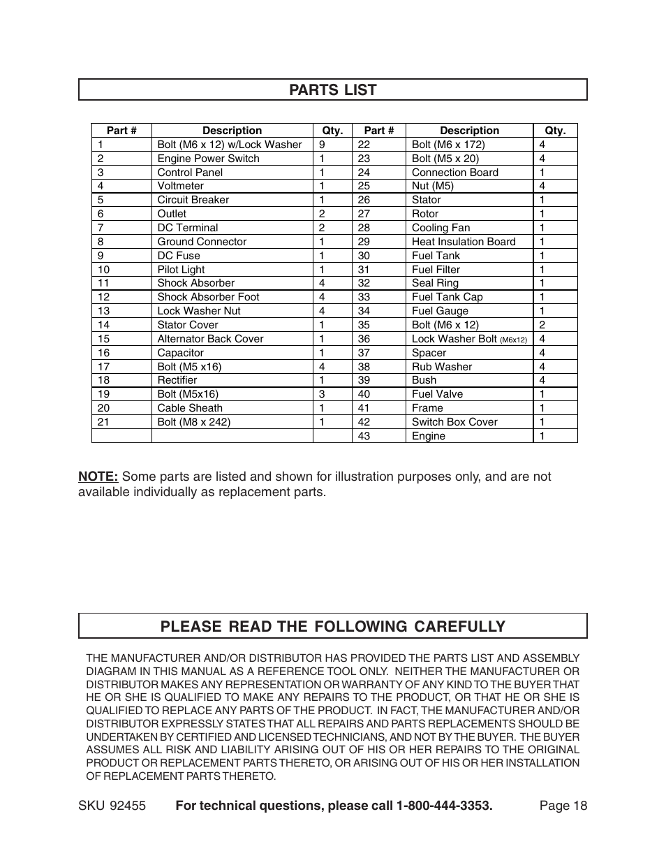 Parts list, Please read the following carefully | Harbor Freight Tools 92455 User Manual | Page 18 / 24