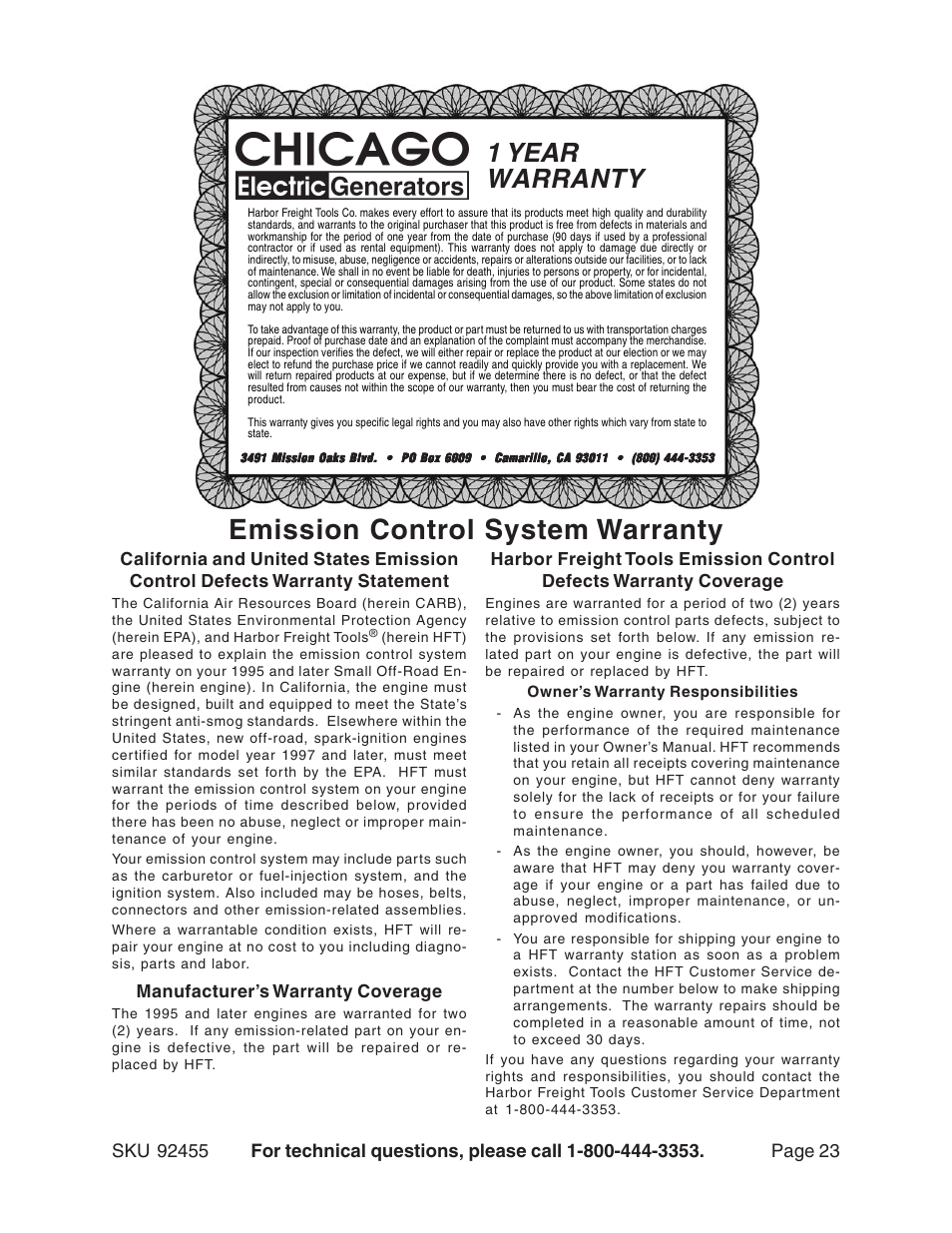 Emission control system warranty, 1 year warranty | Harbor Freight Tools 92455 User Manual | Page 23 / 24