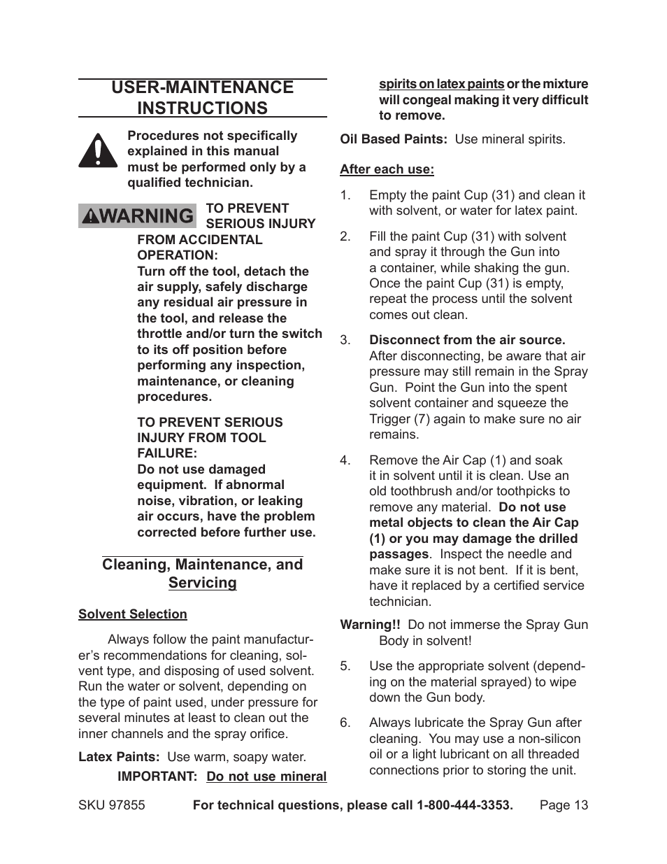 User-maintenance instructions | Harbor Freight Tools Heavy Duty Air Paint Spray Gun 97855 User Manual | Page 13 / 19