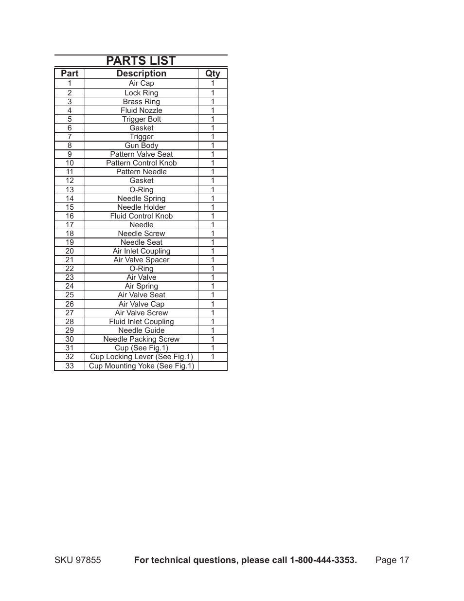 Parts list | Harbor Freight Tools Heavy Duty Air Paint Spray Gun 97855 User Manual | Page 17 / 19