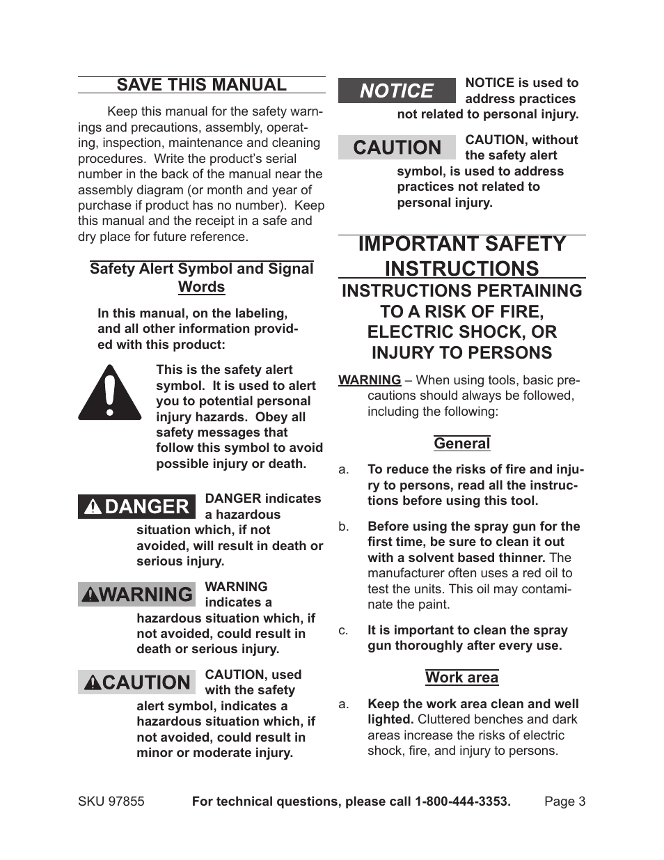 Important safety instructions, Save this manual | Harbor Freight Tools Heavy Duty Air Paint Spray Gun 97855 User Manual | Page 3 / 19