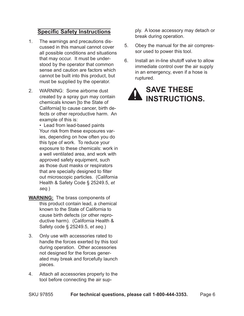 Save these instructions | Harbor Freight Tools Heavy Duty Air Paint Spray Gun 97855 User Manual | Page 6 / 19