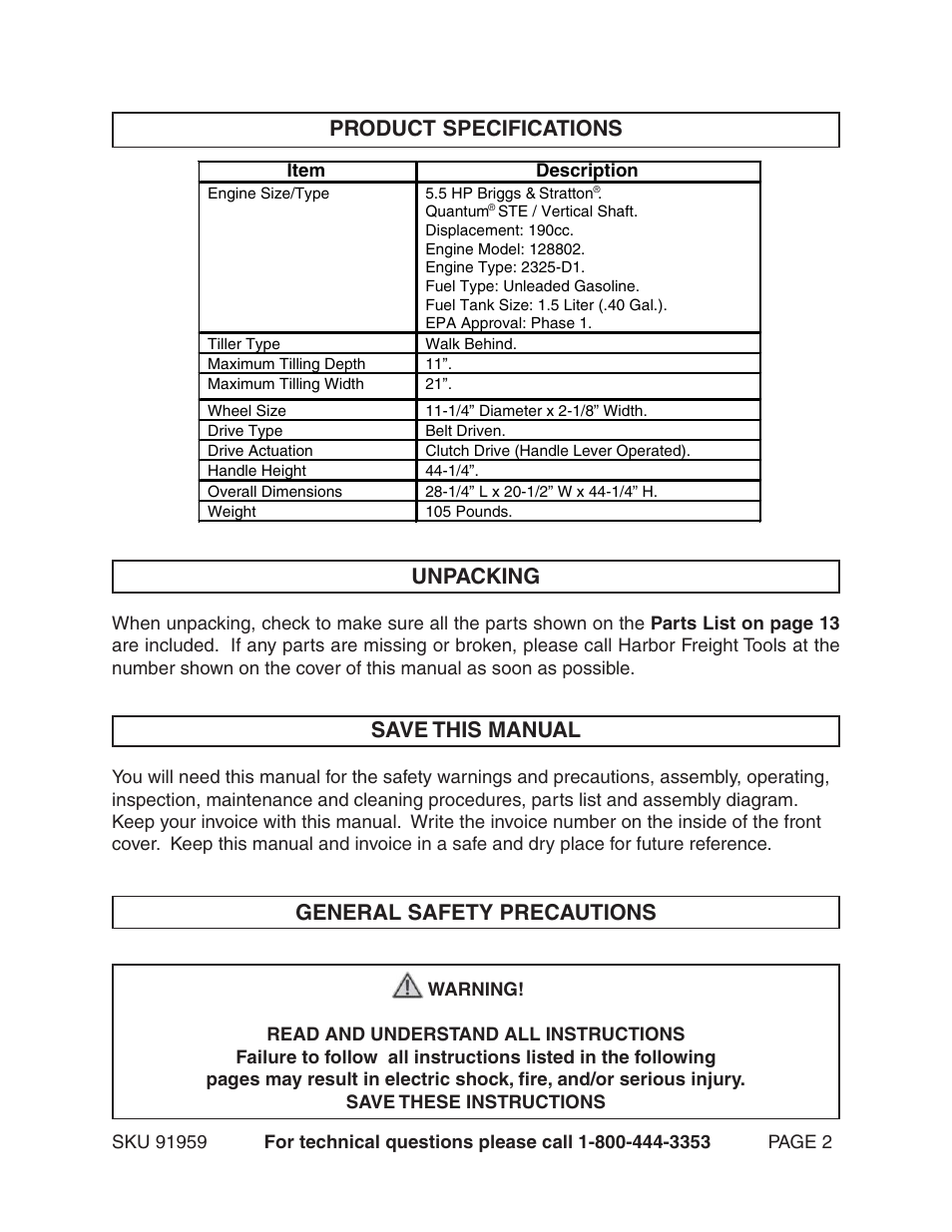 Product specifications save this manual, General safety precautions, Unpacking | Harbor Freight Tools BUMBLE BEE 91959 User Manual | Page 2 / 14