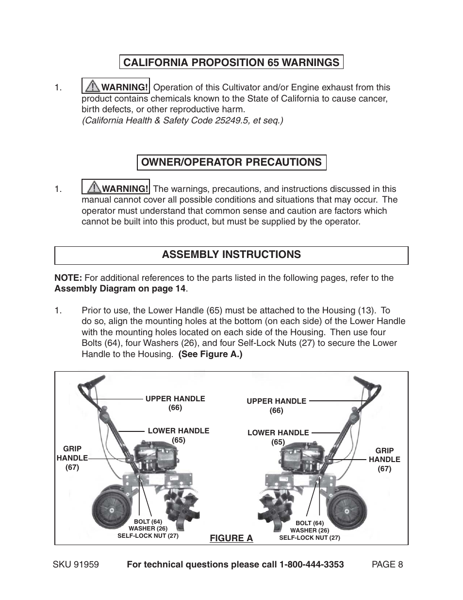 California proposition 65 warnings, Owner/operator precautions assembly instructions | Harbor Freight Tools BUMBLE BEE 91959 User Manual | Page 8 / 14