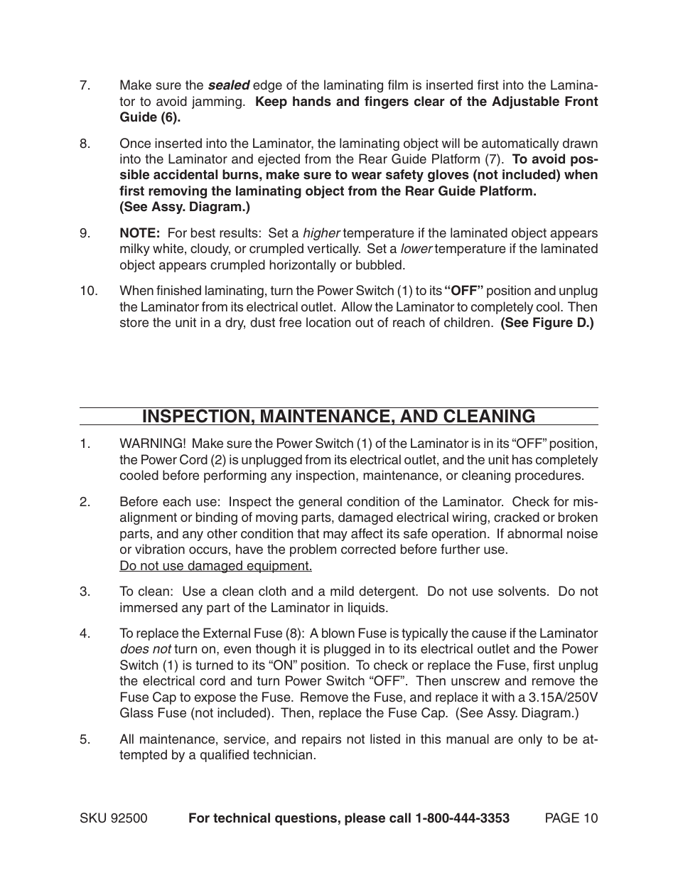 Inspection, maintenance, and cleaning | Harbor Freight Tools 92500 User Manual | Page 10 / 11