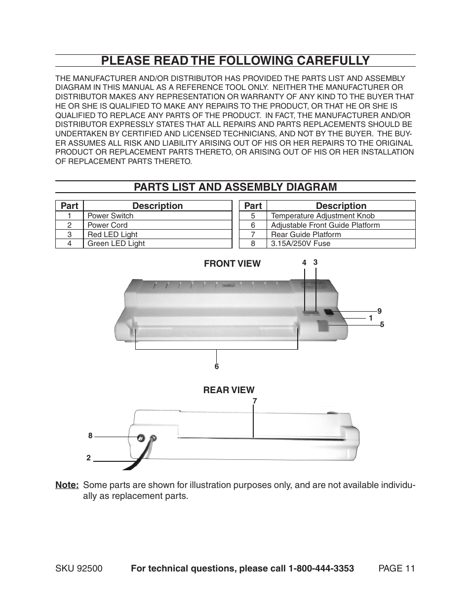 Please read the following carefully, Parts list and assembly diagram | Harbor Freight Tools 92500 User Manual | Page 11 / 11