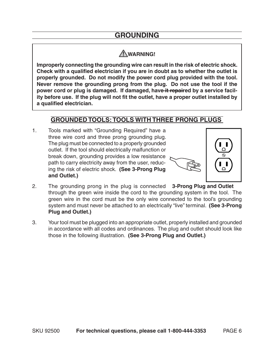 Grounding | Harbor Freight Tools 92500 User Manual | Page 6 / 11
