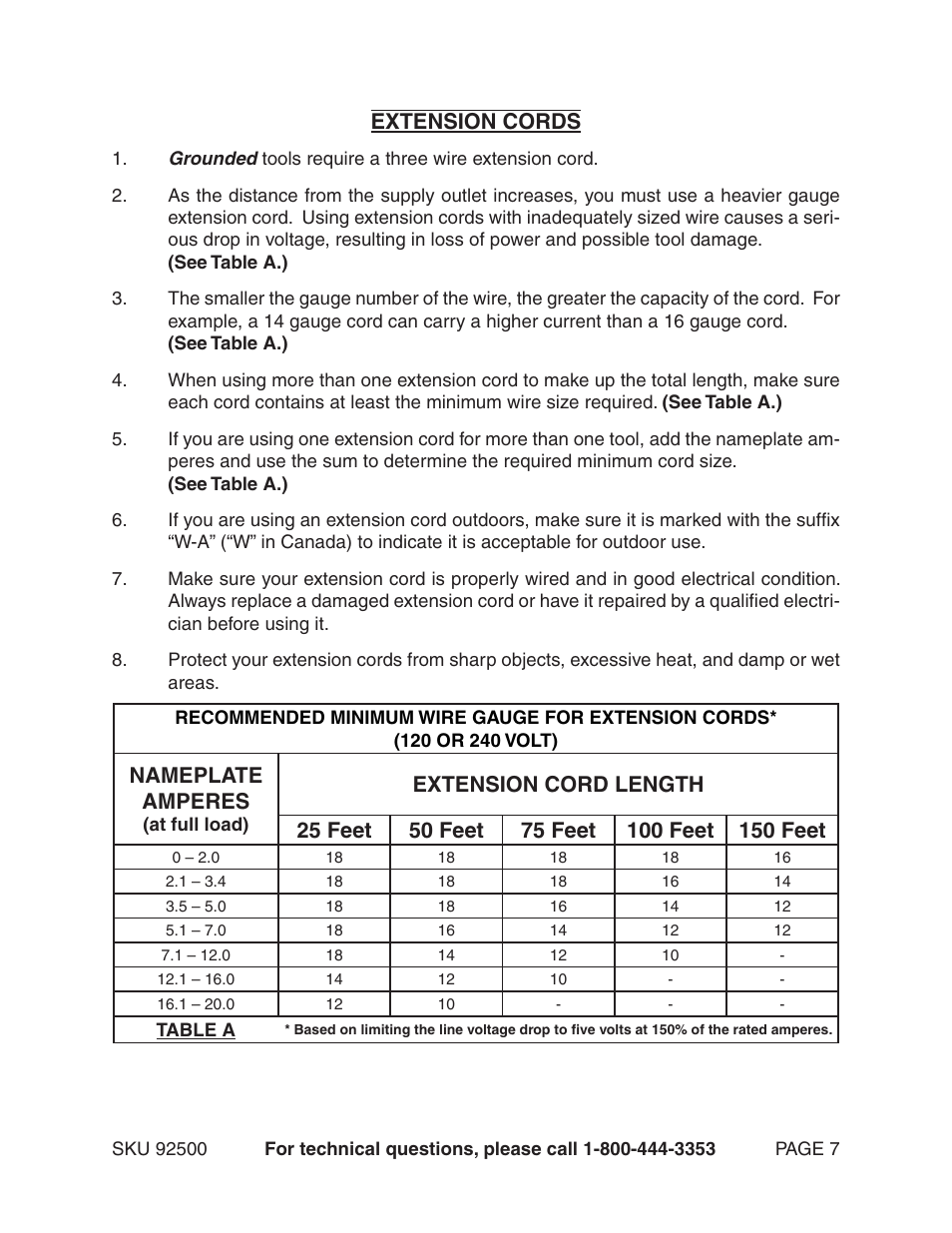 Extension cords, Nameplate amperes | Harbor Freight Tools 92500 User Manual | Page 7 / 11