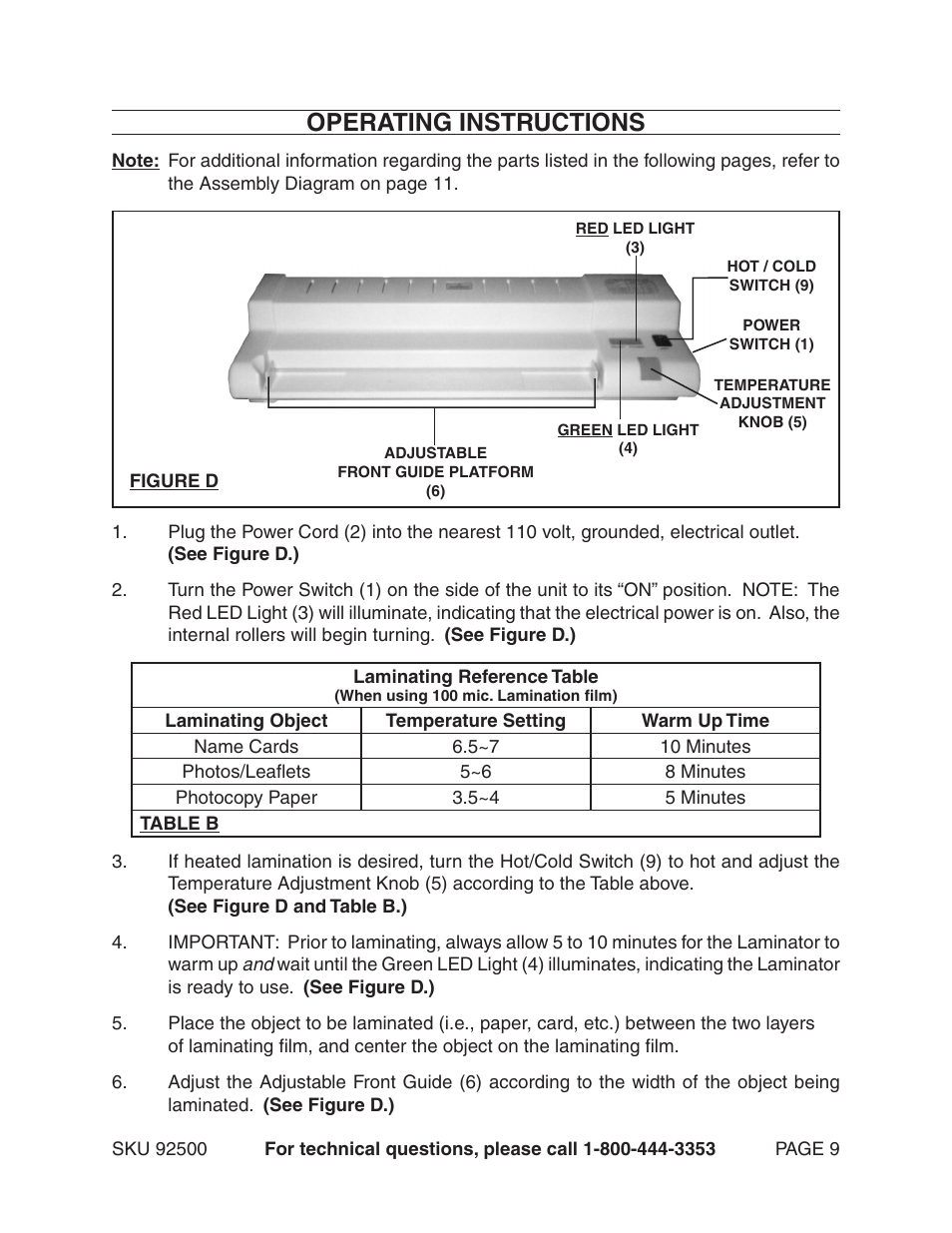 Operating instructions | Harbor Freight Tools 92500 User Manual | Page 9 / 11