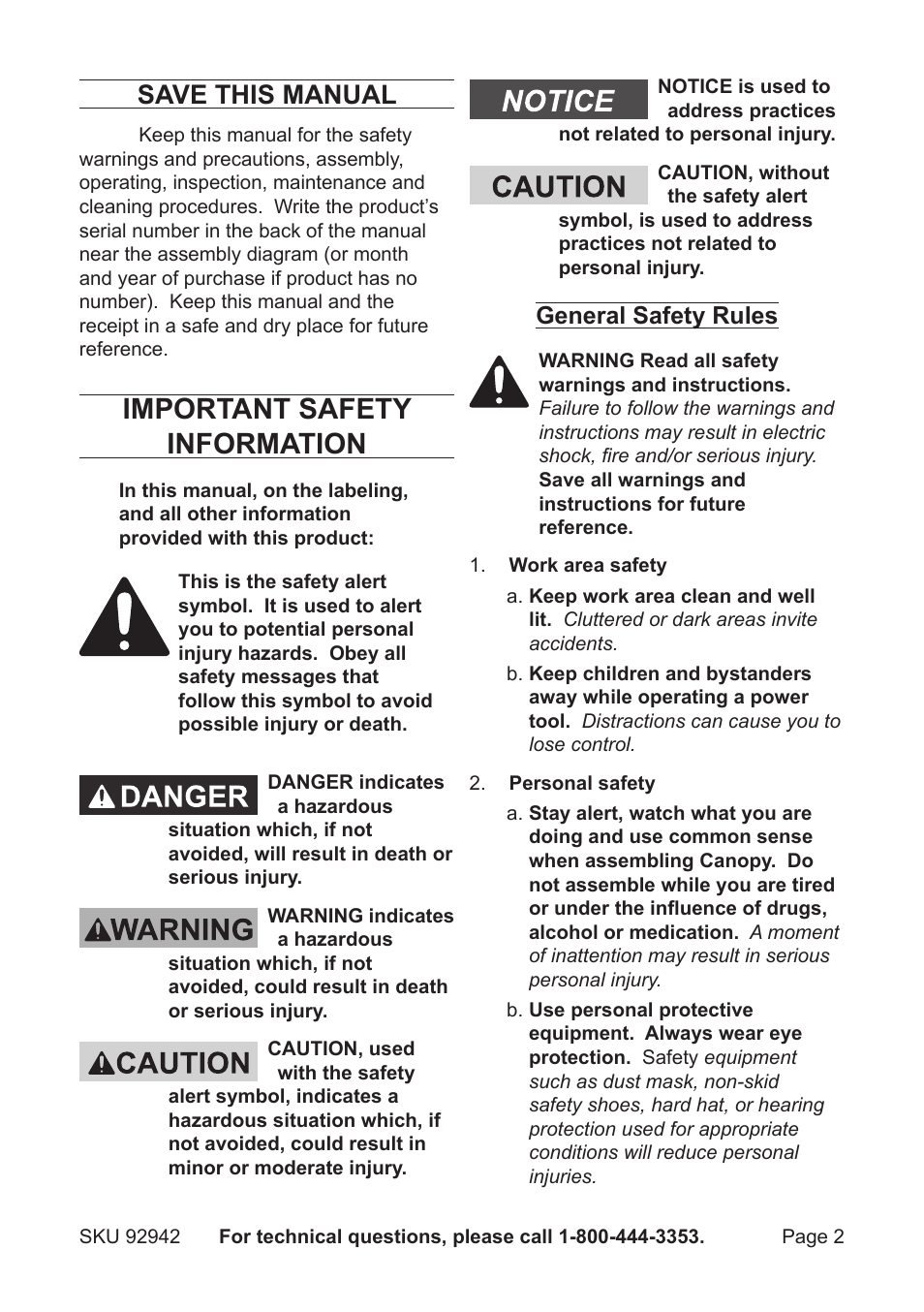 Important safety information, Save this manual, General safety rules | Harbor Freight Tools BIG TOP 92942 User Manual | Page 2 / 6