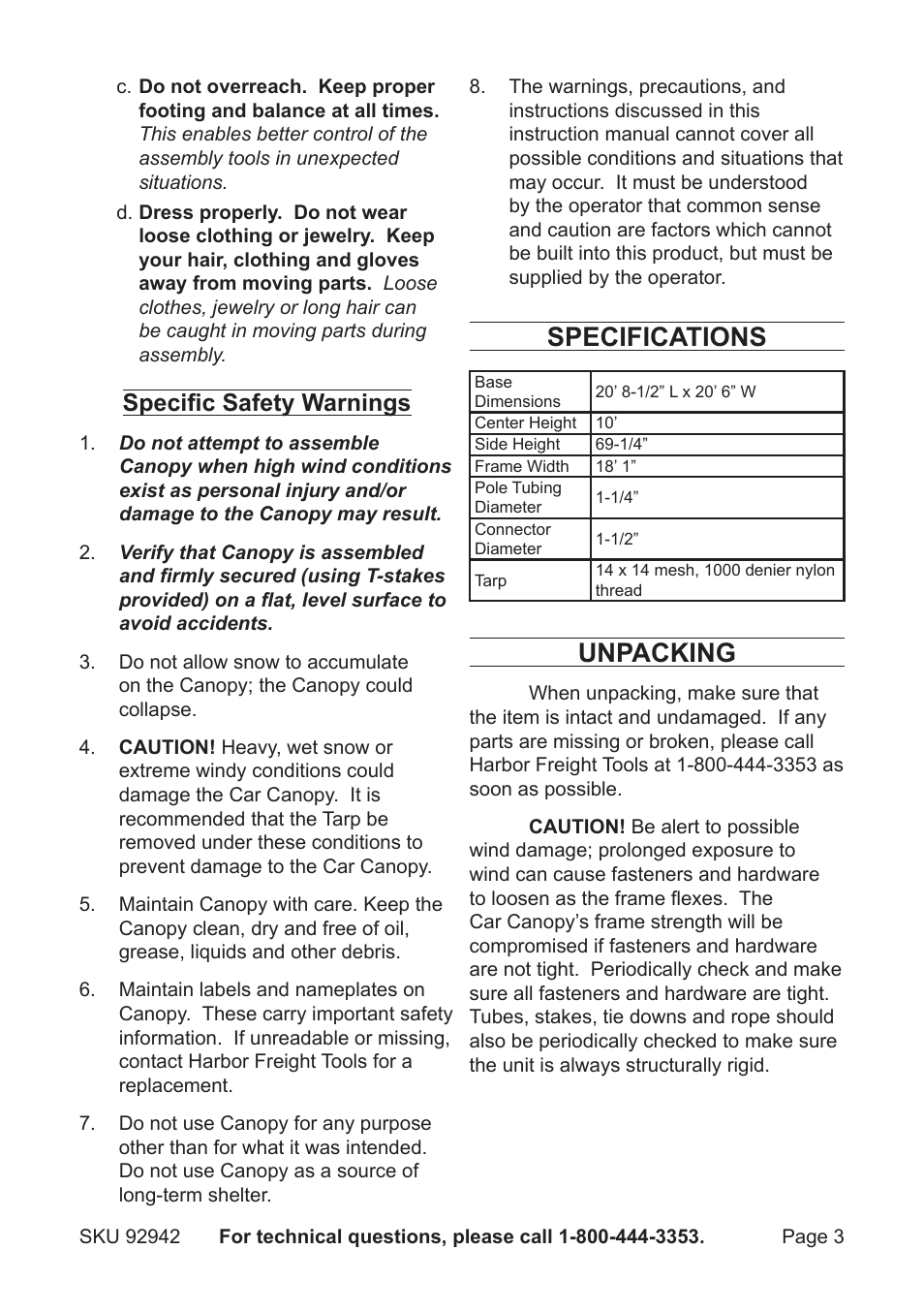 Specifications, Unpacking, Specific safety warnings | Harbor Freight Tools BIG TOP 92942 User Manual | Page 3 / 6