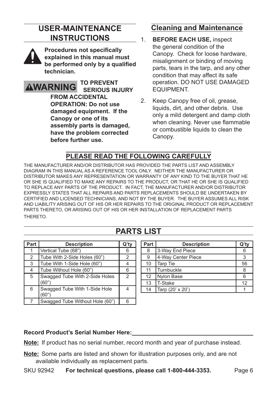 User-maintenance instructions, Parts list, Cleaning and maintenance | Please read the following carefully | Harbor Freight Tools BIG TOP 92942 User Manual | Page 6 / 6