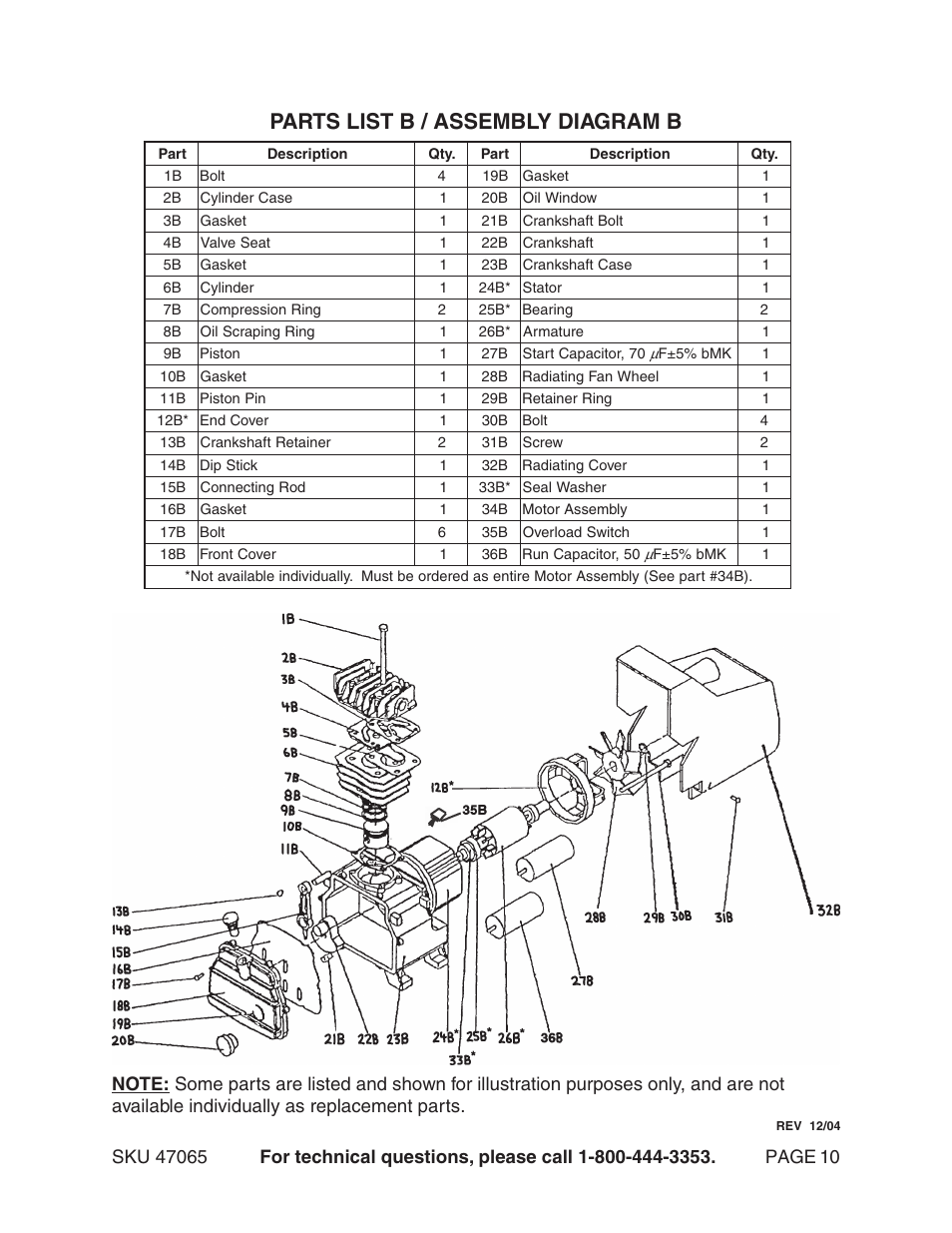 Parts list b / assembly diagram b | Harbor Freight Tools 47065 User Manual | Page 10 / 10