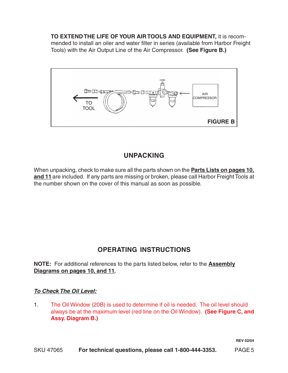 Operating instructions, Unpacking | Harbor Freight Tools 47065 User Manual | Page 5 / 10