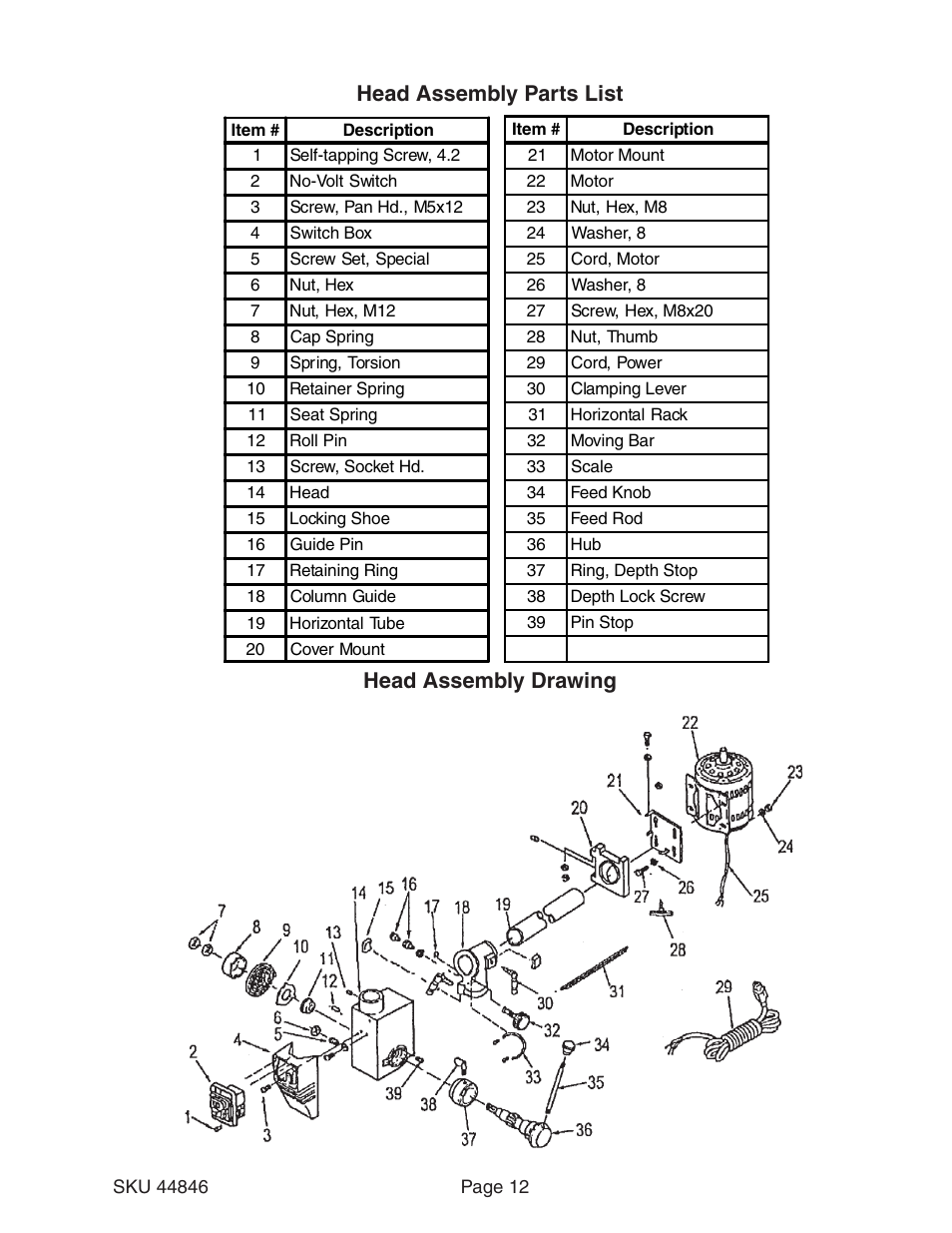 Head assembly drawing head assembly parts list | Harbor Freight Tools CENTRAL MACHINERY 44846 User Manual | Page 12 / 15