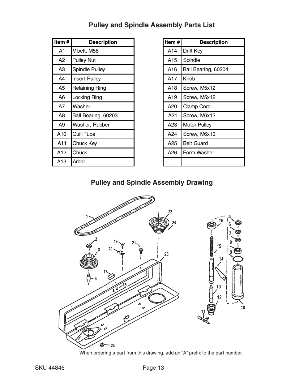 Pulley and spindle assembly parts list, Pulley and spindle assembly drawing | Harbor Freight Tools CENTRAL MACHINERY 44846 User Manual | Page 13 / 15