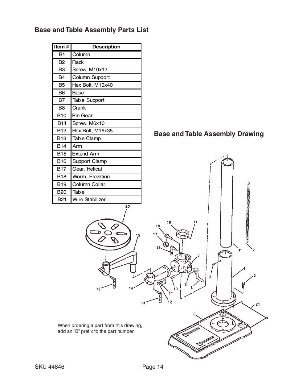 Base and table assembly parts list, Base and table assembly drawing | Harbor Freight Tools CENTRAL MACHINERY 44846 User Manual | Page 14 / 15
