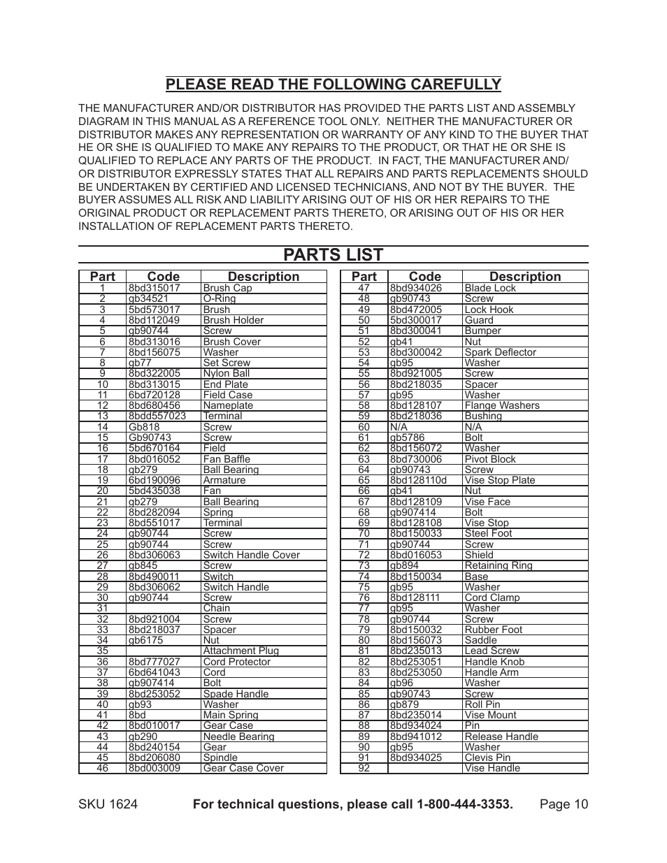 Parts list, Please read the following carefully, Part code description | Harbor Freight Tools 01624 User Manual | Page 10 / 12