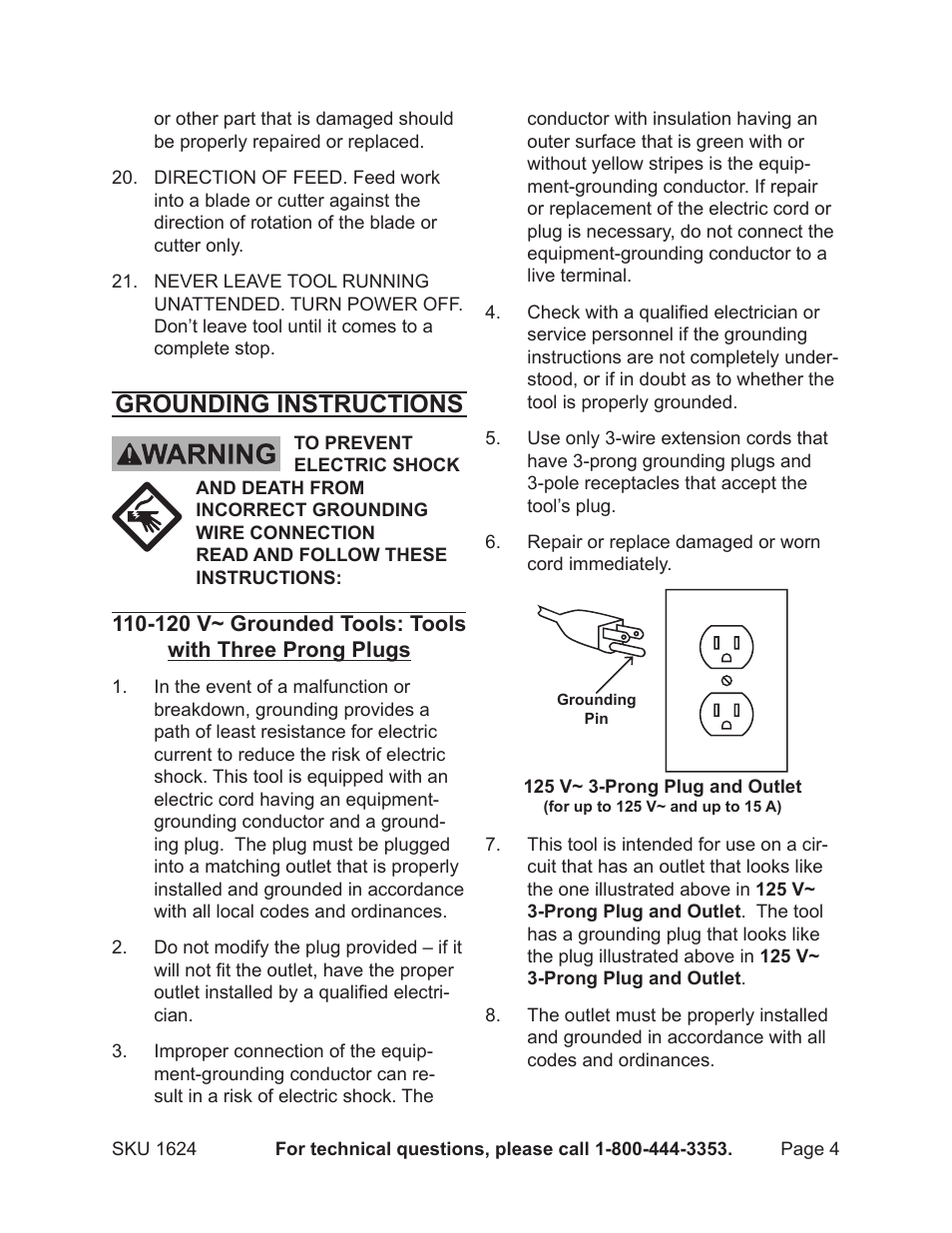 Grounding instructions | Harbor Freight Tools 01624 User Manual | Page 4 / 12