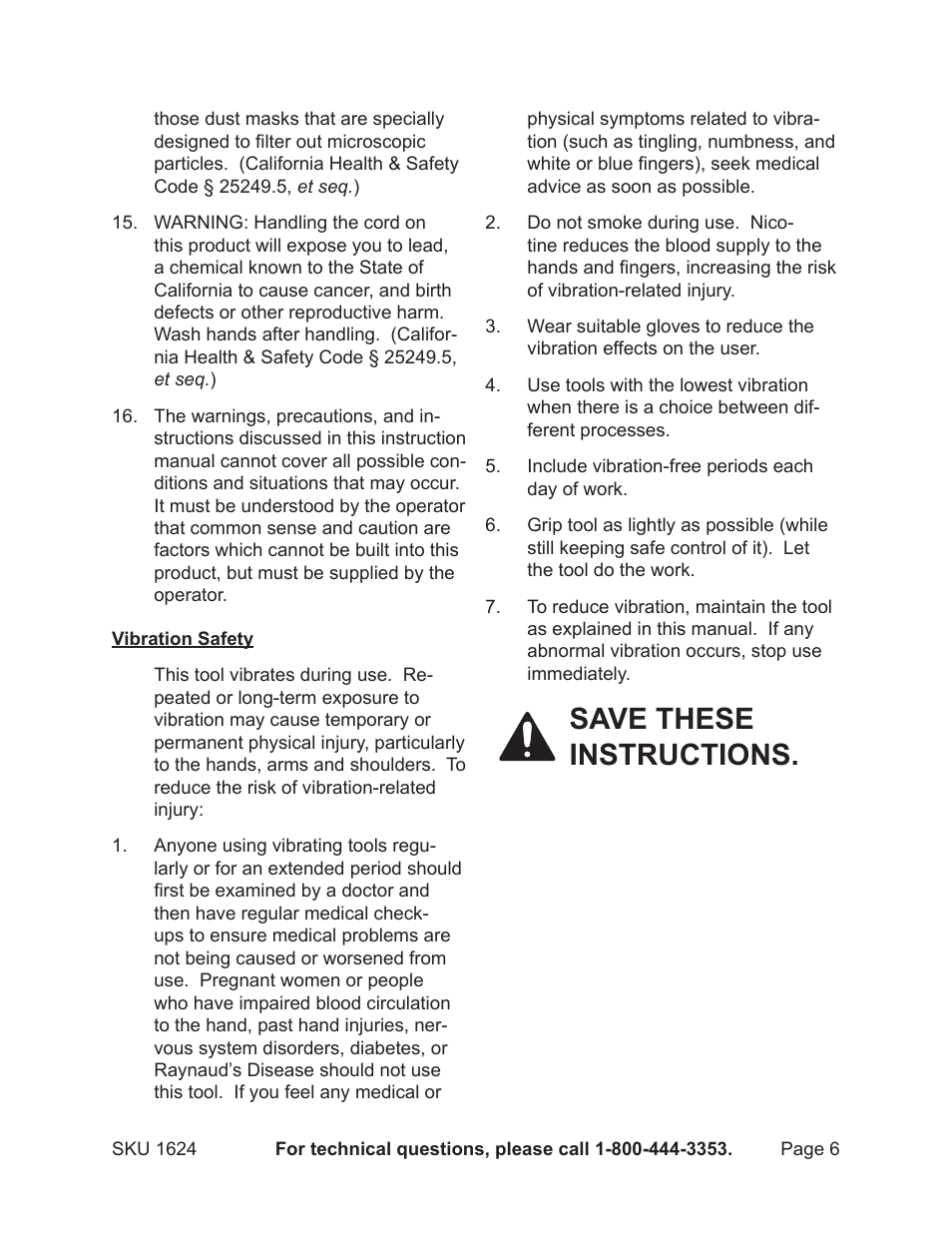 Save these instructions | Harbor Freight Tools 01624 User Manual | Page 6 / 12