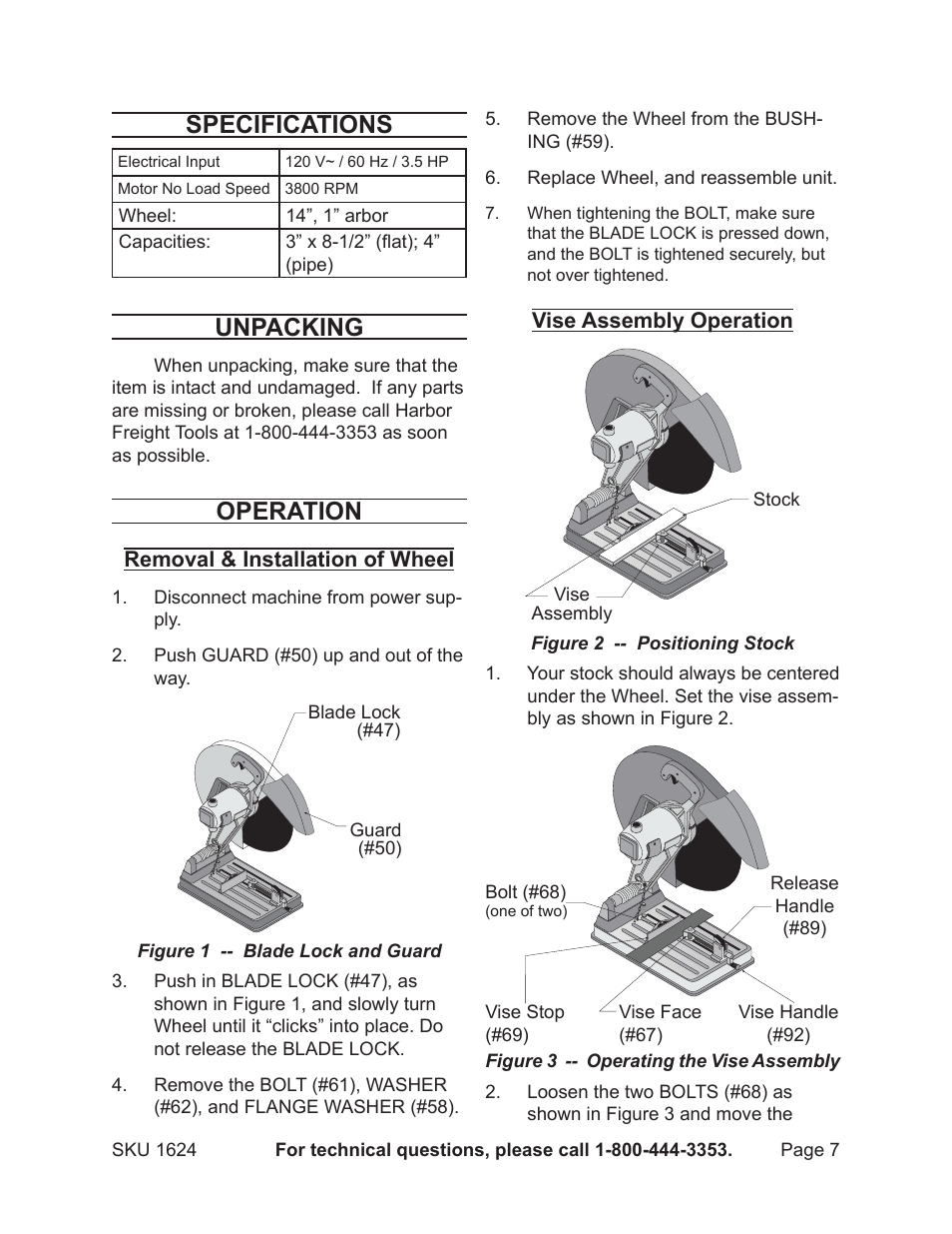 Specifications, Unpacking, Operation | Harbor Freight Tools 01624 User Manual | Page 7 / 12