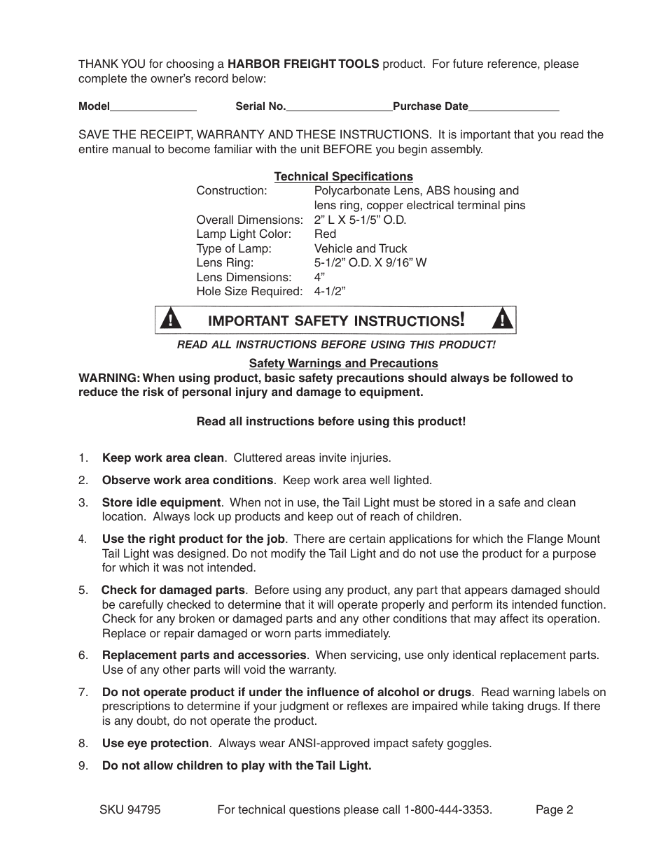 Harbor Freight Tools 94795 User Manual | Page 2 / 5