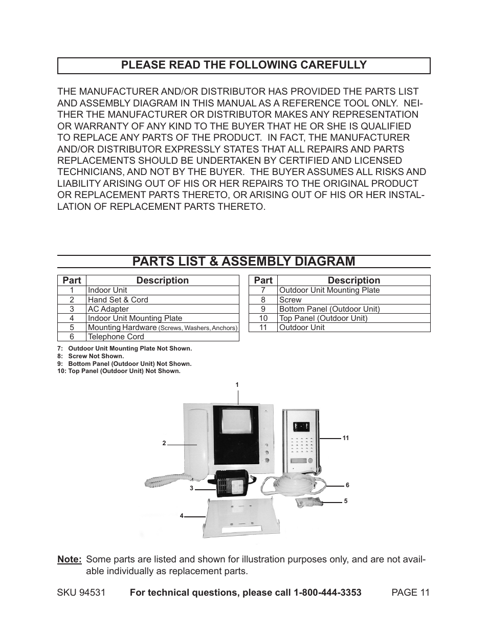 Parts list & assembly diagram, Please read the following carefully | Harbor Freight Tools 94531 User Manual | Page 11 / 12