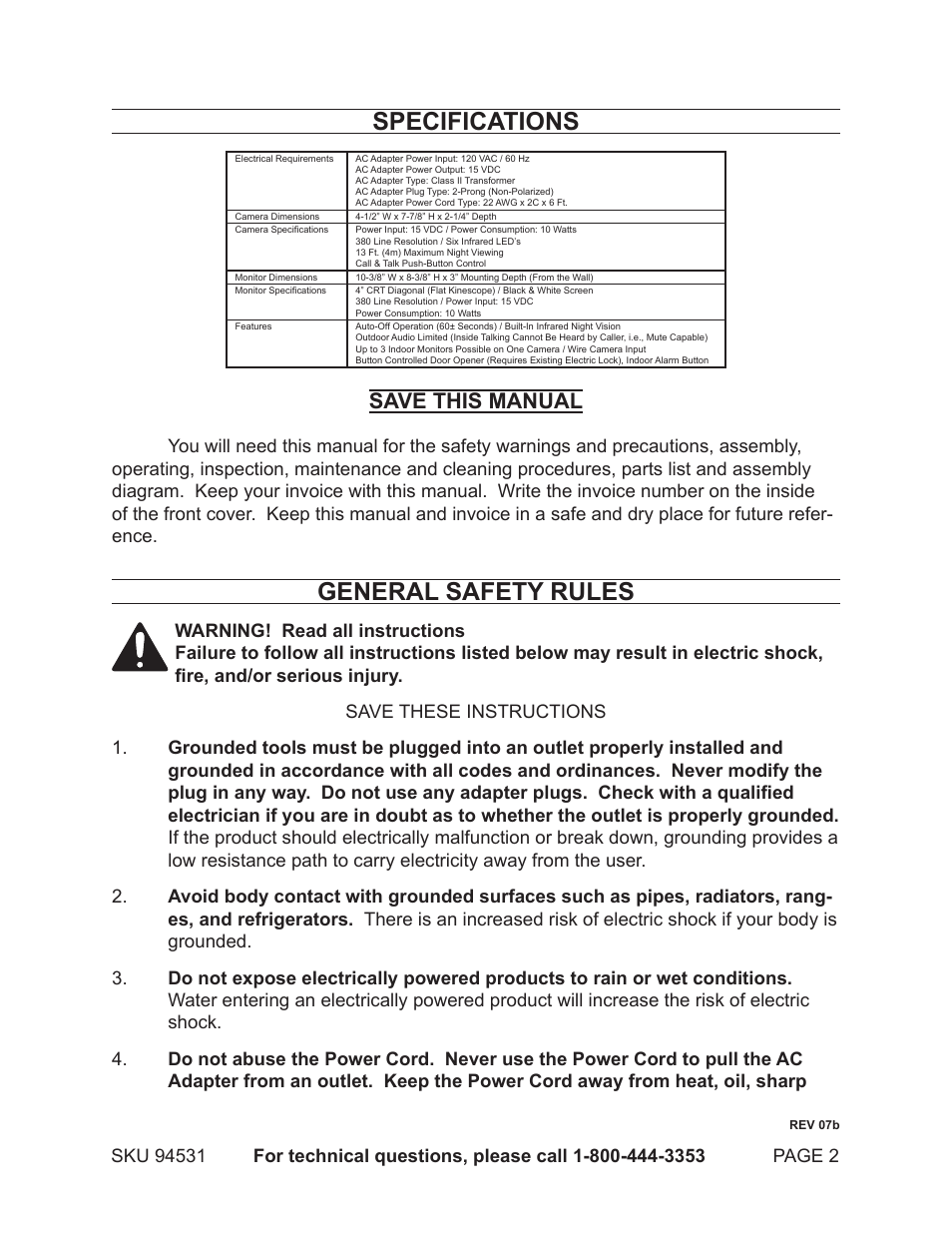 Specifications, General safety rules, Save this manual | Harbor Freight Tools 94531 User Manual | Page 2 / 12