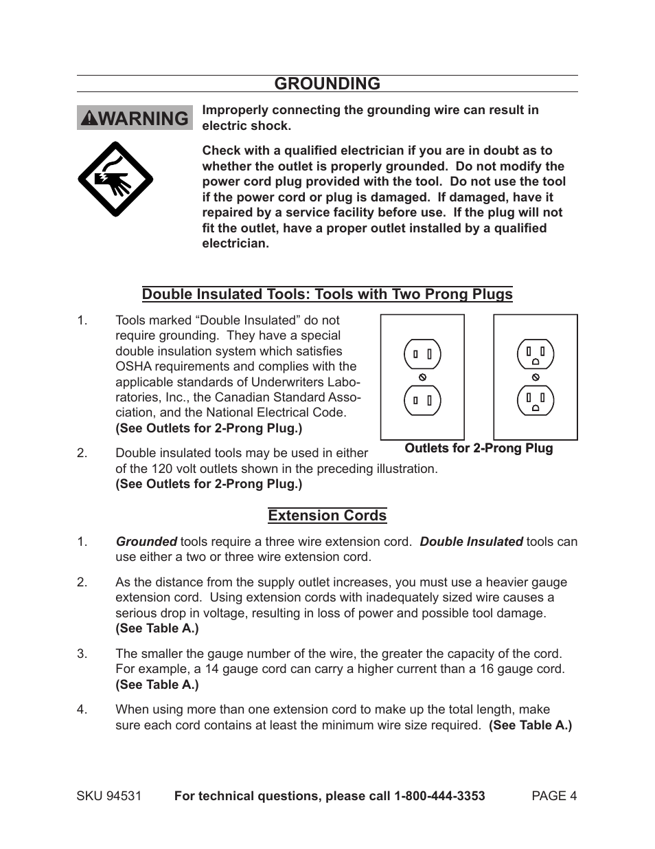 Warning, Grounding | Harbor Freight Tools 94531 User Manual | Page 4 / 12