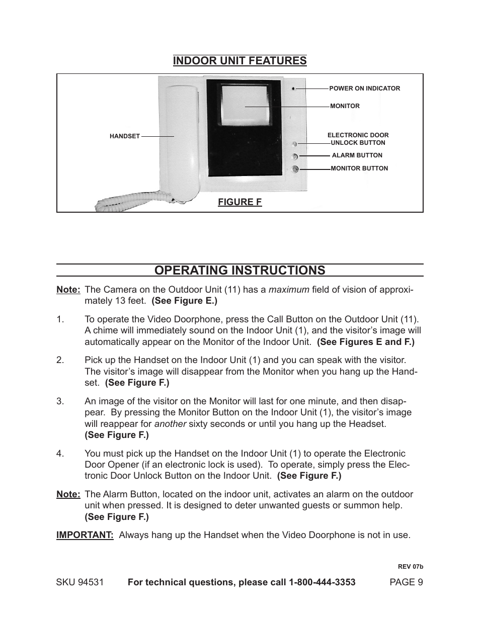 Operating instructions, Indoor unit features | Harbor Freight Tools 94531 User Manual | Page 9 / 12