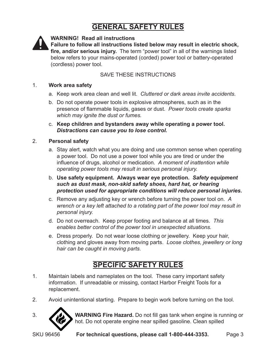 General safety rules, Specific safety rules | Harbor Freight Tools 96456 User Manual | Page 3 / 14