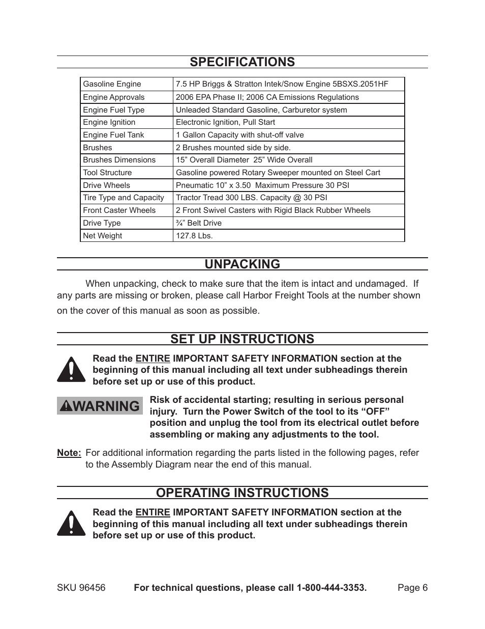 Warning, Specifications, Unpacking | Set up instructions, Operating instructions | Harbor Freight Tools 96456 User Manual | Page 6 / 14