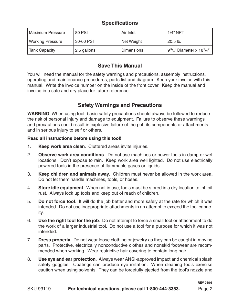Specifications, Save this manual, Safety warnings and precautions | Harbor Freight Tools 93119 User Manual | Page 2 / 8