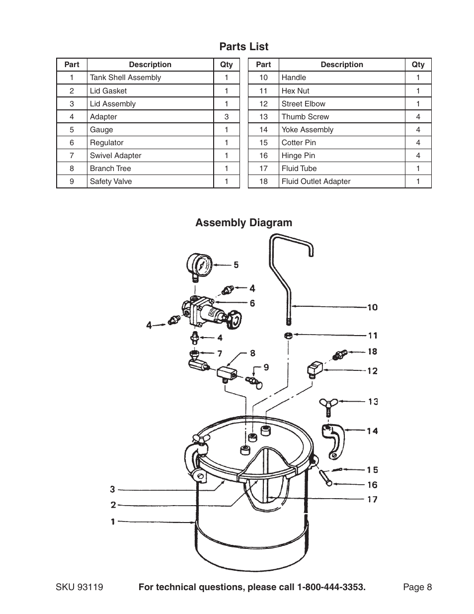 Parts list, Assembly diagram | Harbor Freight Tools 93119 User Manual | Page 8 / 8