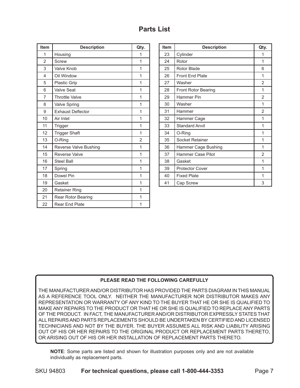 Parts list | Harbor Freight Tools CENTRAL PNEUMATIC PROFESSIONAL 94803 User Manual | Page 7 / 8