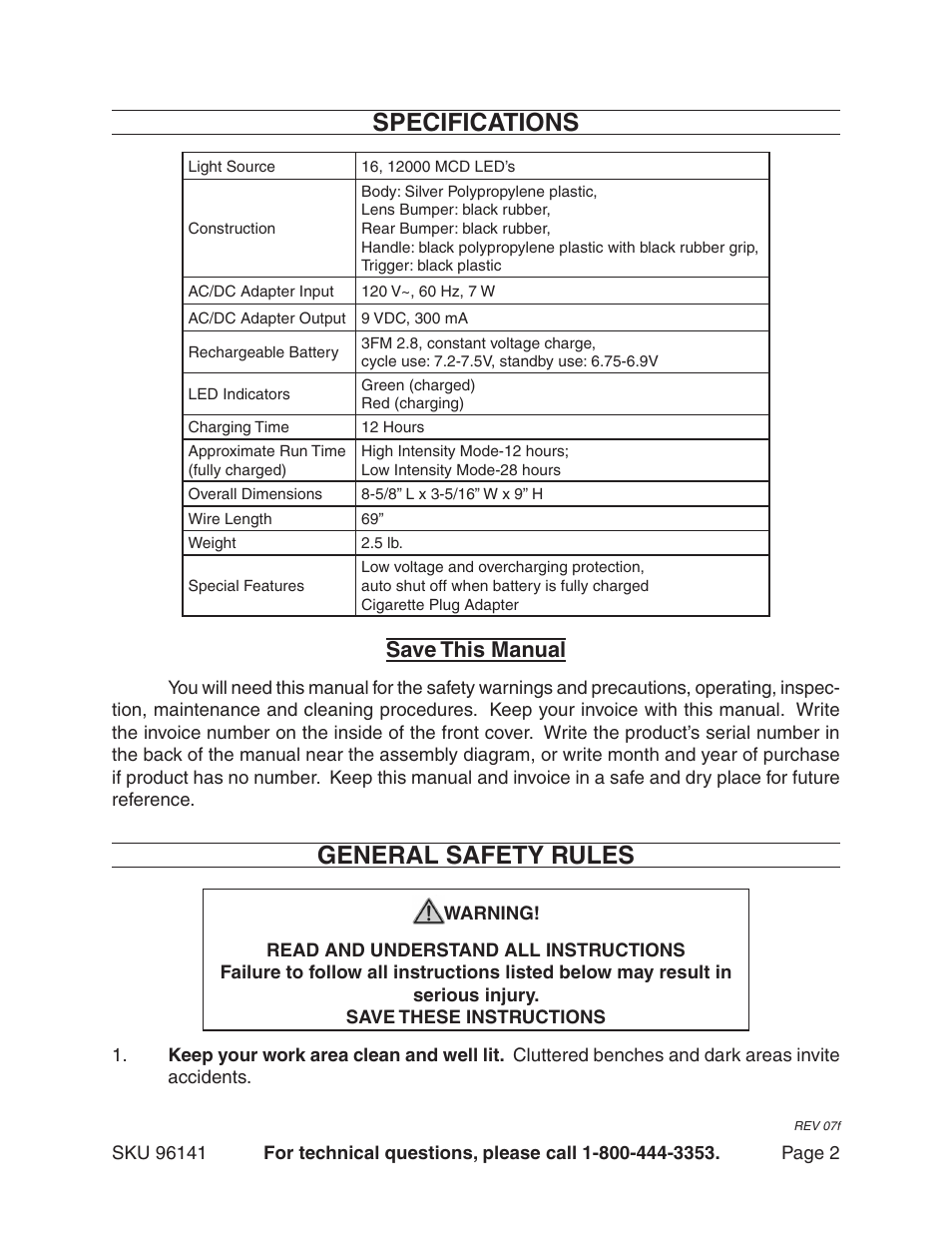 Specifications, General safety rules, Save this manual | Harbor Freight Tools 96141 User Manual | Page 2 / 6