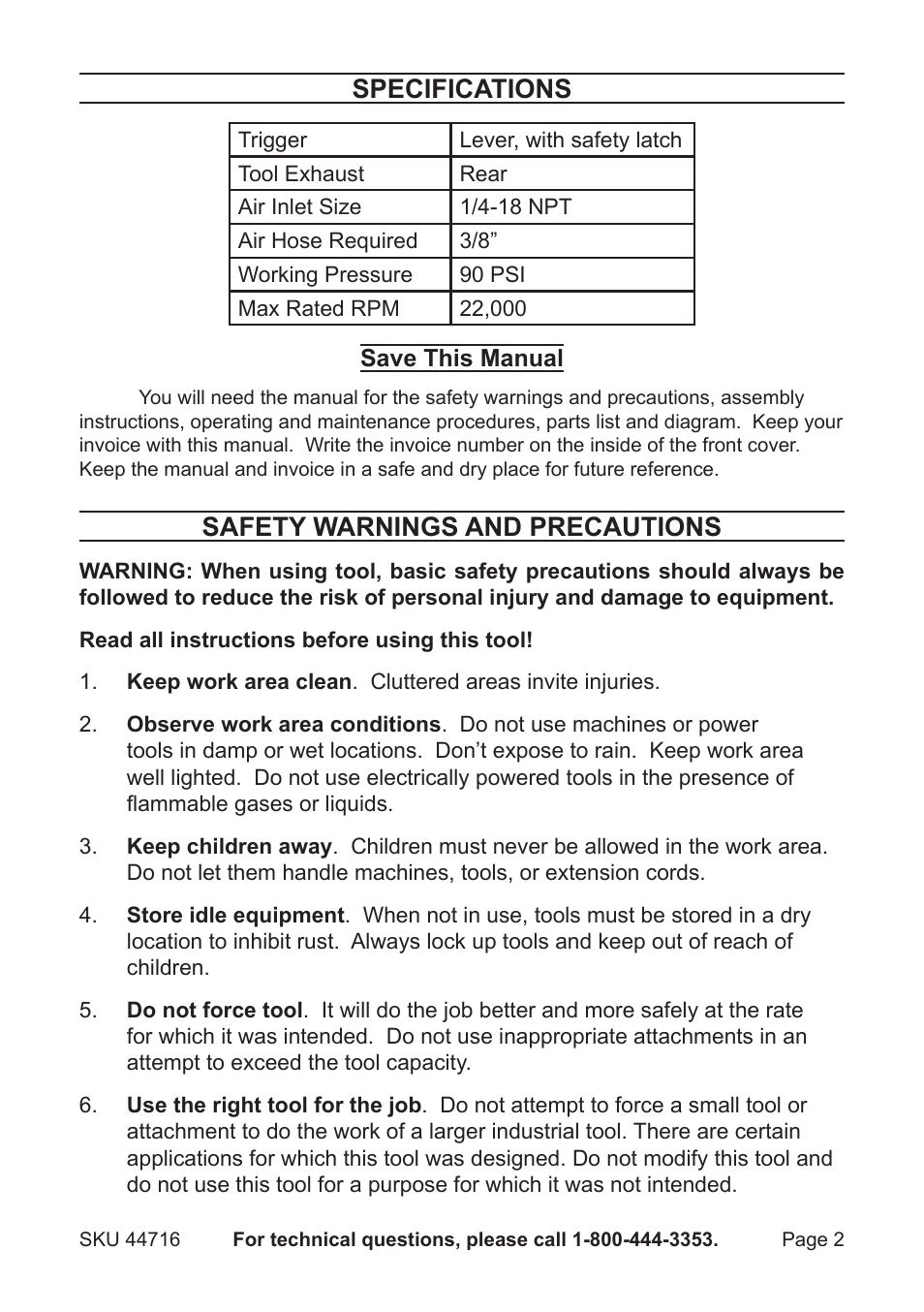 Specifications, Safety warnings and precautions | Harbor Freight Tools 44716 User Manual | Page 2 / 9