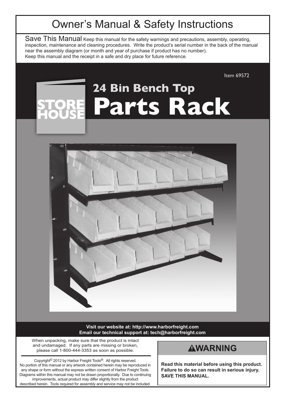 Harbor Freight Tools STOREHOUSE 24 Bin Bench Top Parts Rack 69572 User Manual | 4 pages