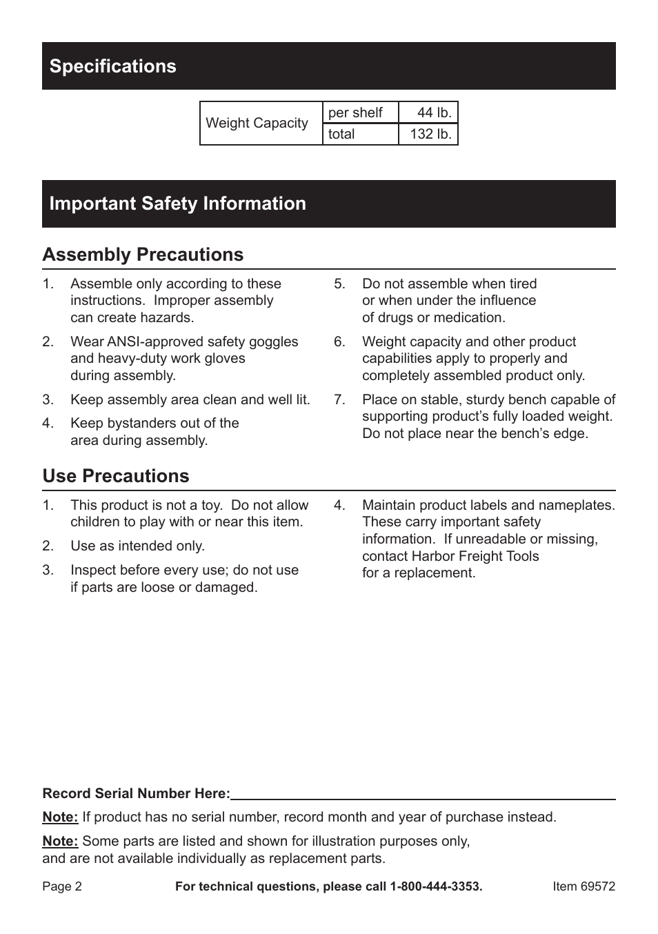 Specifications, Important safety information assembly precautions, Use precautions | Harbor Freight Tools STOREHOUSE 24 Bin Bench Top Parts Rack 69572 User Manual | Page 2 / 4