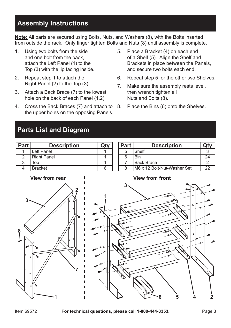 Assembly instructions, Parts list and diagram | Harbor Freight Tools STOREHOUSE 24 Bin Bench Top Parts Rack 69572 User Manual | Page 3 / 4